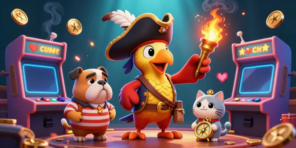 Engaging kèo nhà cái scene featuring a pirate captain and vibrant arcade gaming elements highlighting betting excitement.