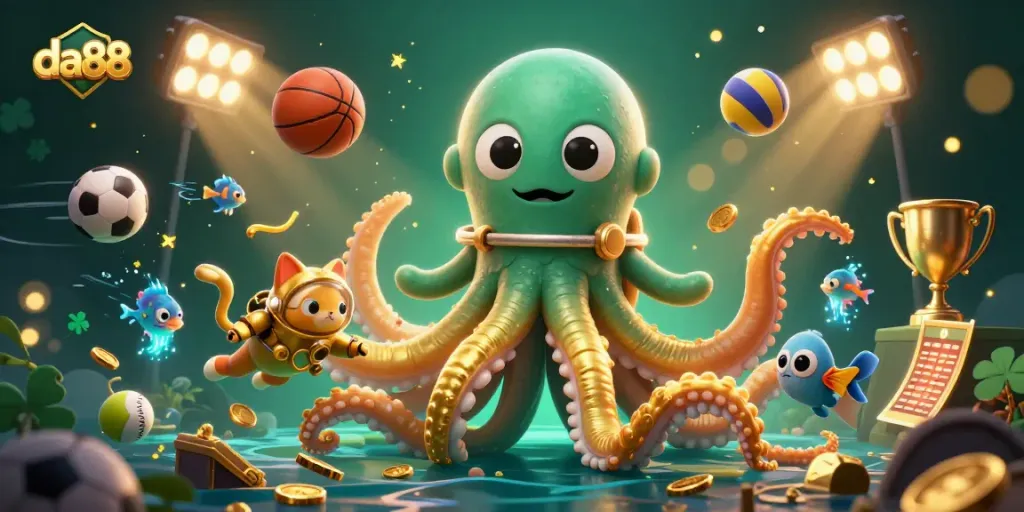 Experience thrilling wins at da88 with a vibrant casino-themed illustration featuring a kraken and sports motifs.