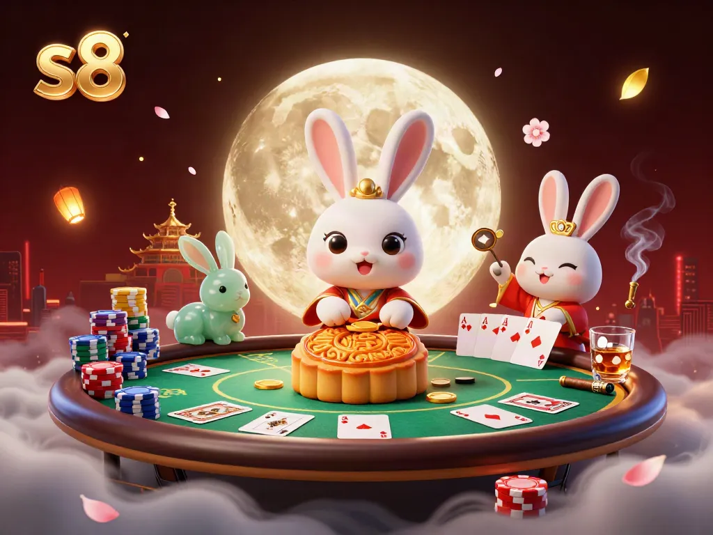 Engage in thrilling card games at s8 with a festive scene of a moon rabbit and poker elements.