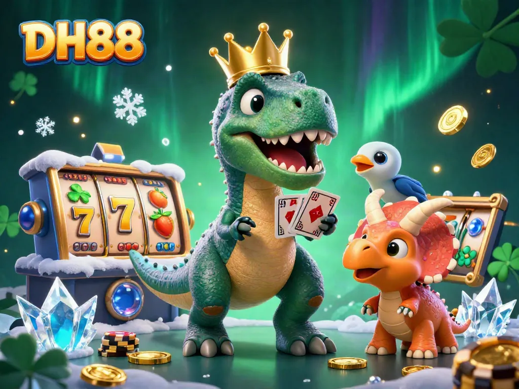 DH88 engaging scene with a T-Rex shuffling cards and a triceratops stacking chips in a vibrant casino