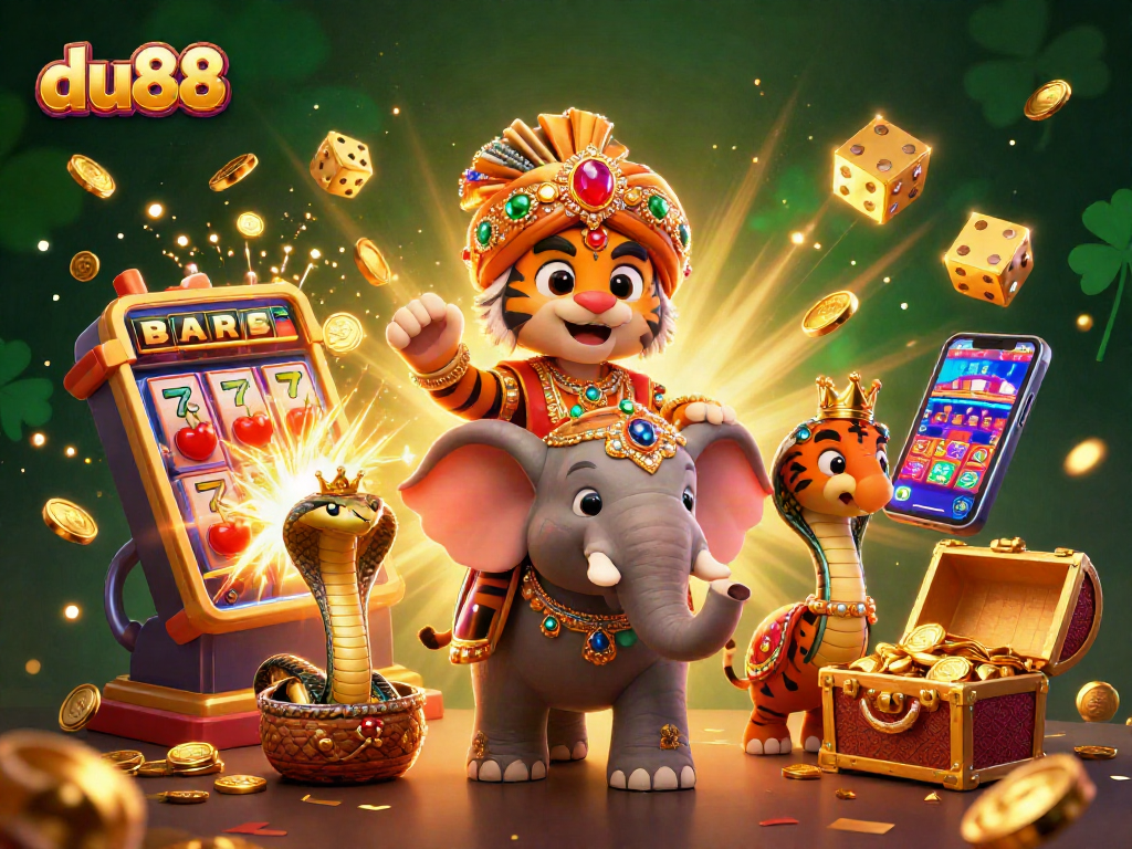 Experience the thrilling jackpot at du88 with a vibrant 3D casino scene bursting with colorful elements.