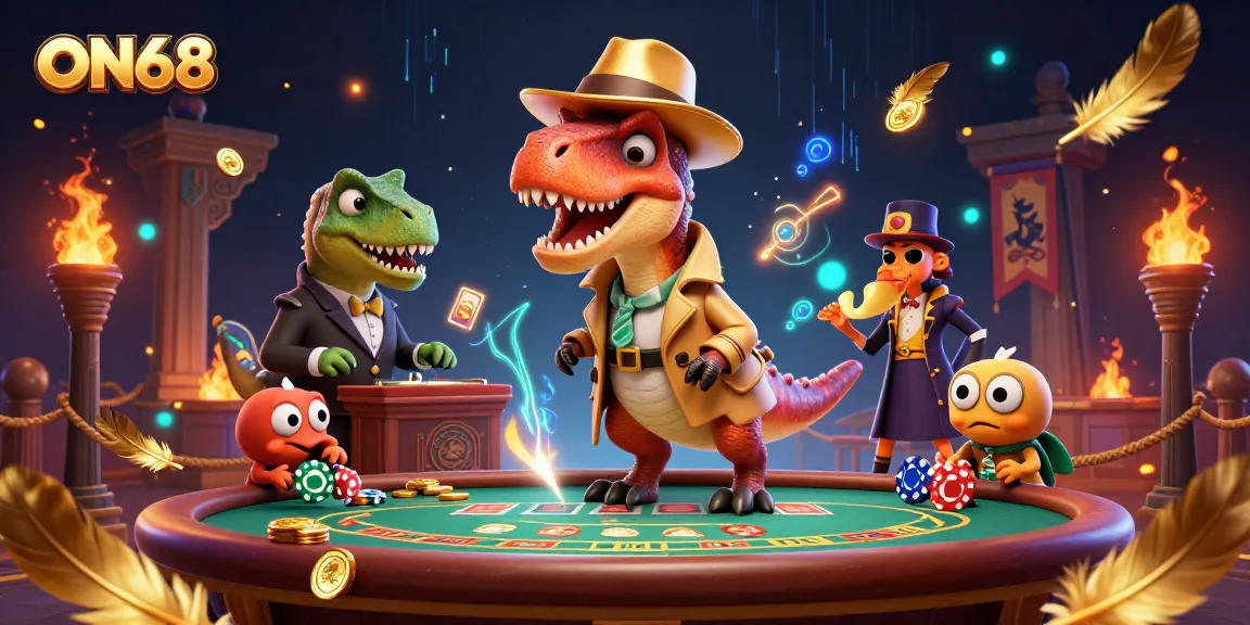 Experience thrilling gameplay at ON68 with a velociraptor card counter and unique casino elements.