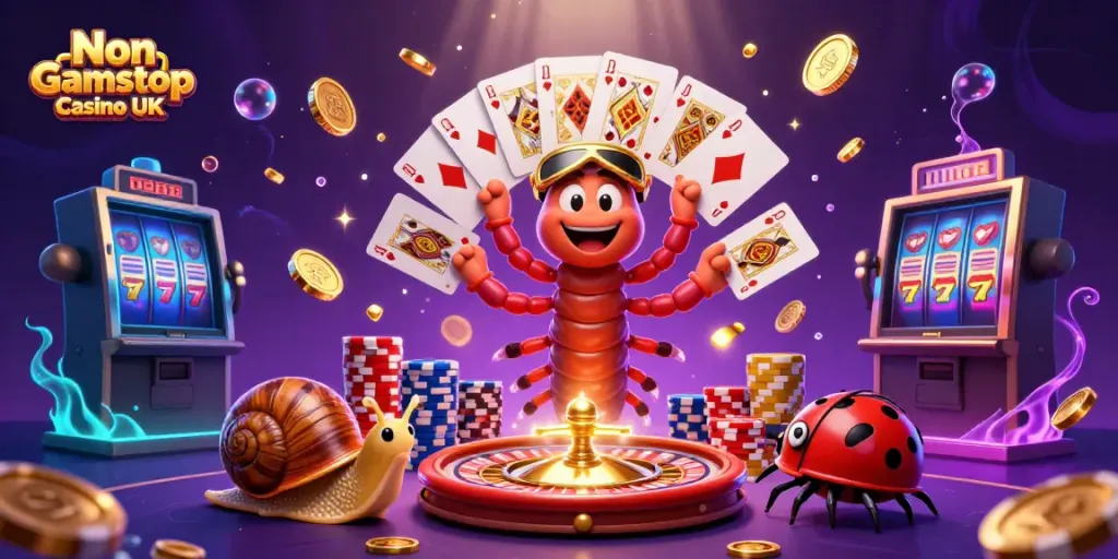 Experience excitement at a Non Gamstop Casino UK featuring a whimsical cartoon scene with unique casino characters.