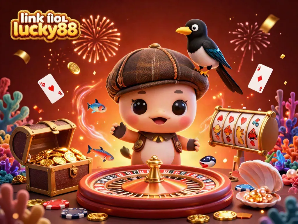 Engage with exciting games at link vào lucky88 featuring a vibrant cartoon scene with playful characters and casino elements.