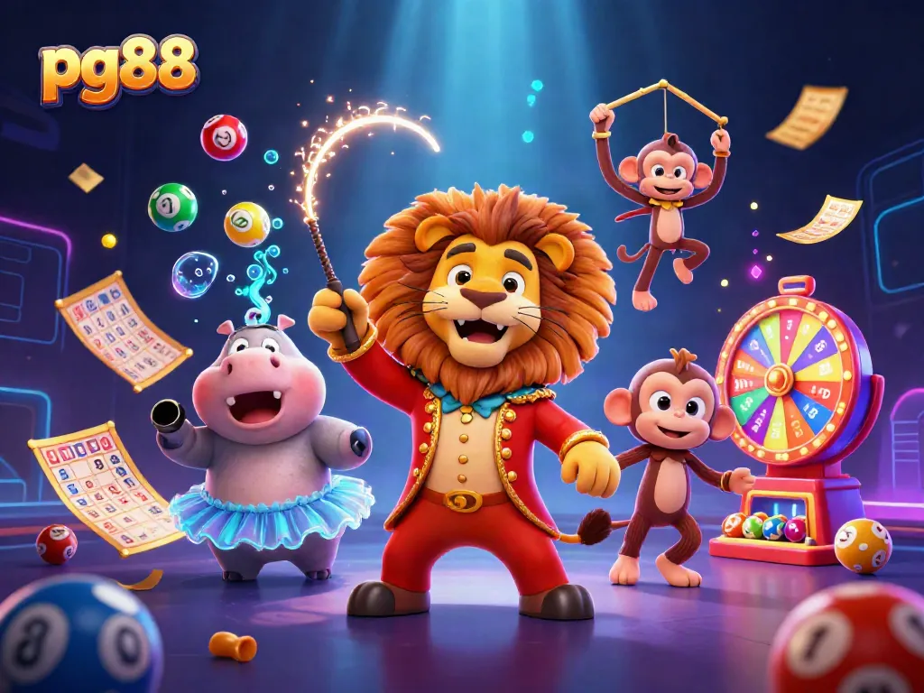 Experience thrilling games at pg88 with vibrant lottery balls, a lion ringmaster, and dynamic casino elements.