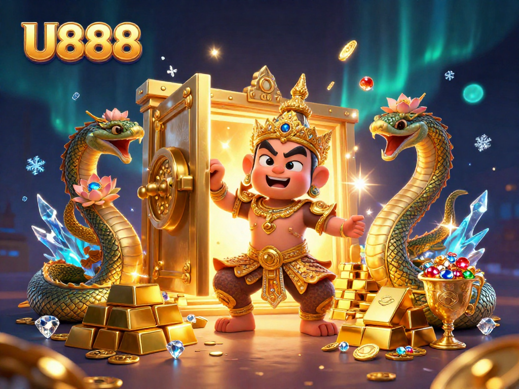 Join the excitement of U888 with colorful treasures and charismatic guardians in vibrant casino-themed illustration.