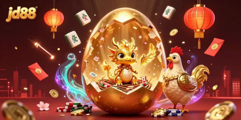 Engage in the action at JD88 with a golden dragon and lavish poker chips, symbolizing online gaming fun.