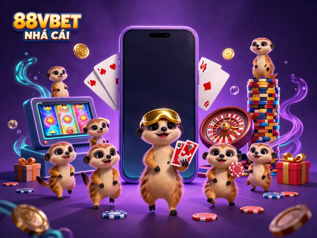 Engaging 3D scene showcasing meerkats in a vibrant casino operation, highlighting 88VBET NHÀ CÁI