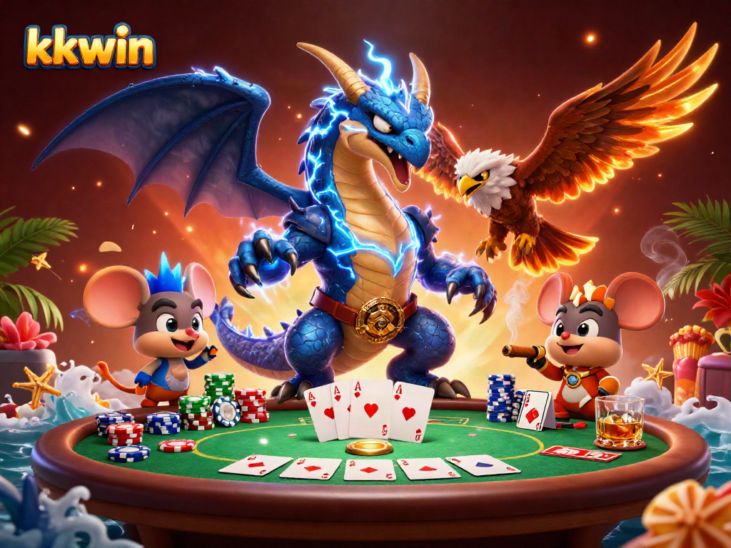 Experience thrilling poker action with kkwin's vibrant casino scene featuring iconic characters and game elements.