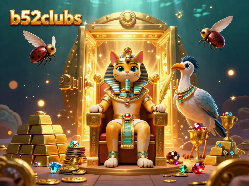 Win big with b52clubs in a vibrant casino scene featuring a pharaoh cat and treasures.
