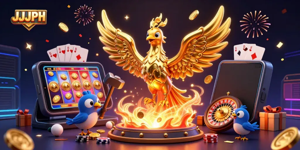 Experience the thrill of JJJPH with a golden phoenix, molten coins, and vibrant casino elements.