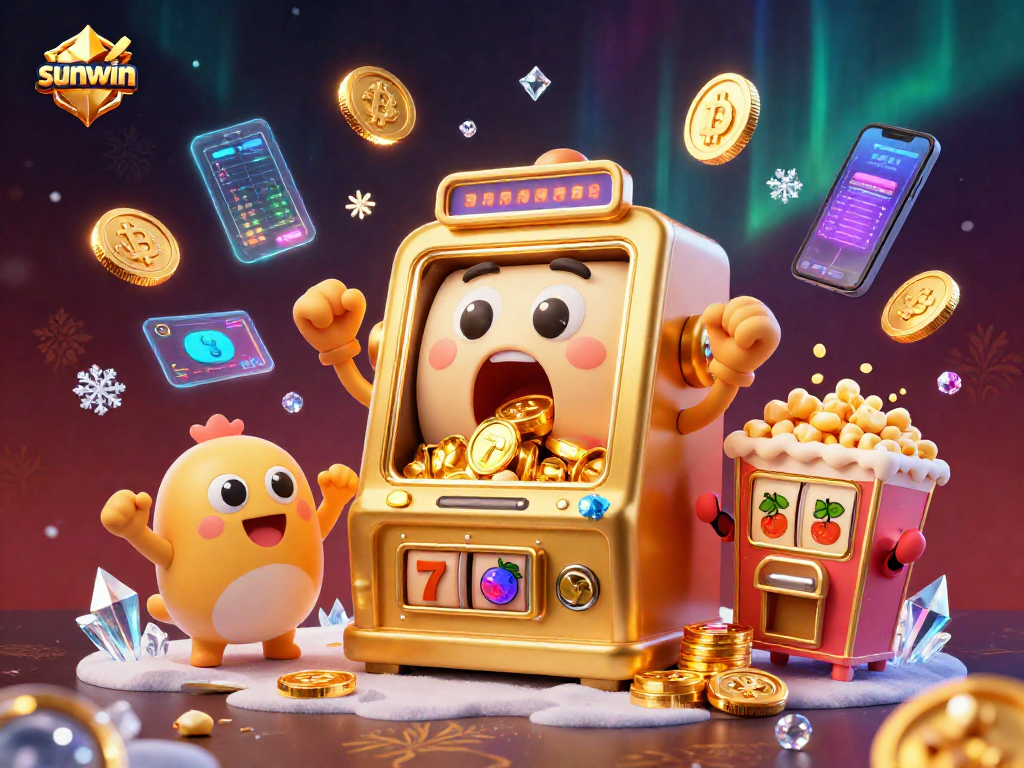 Experience the excitement of sunwin with a golden slot machine celebrating a jackpot amidst vibrant casino elements.