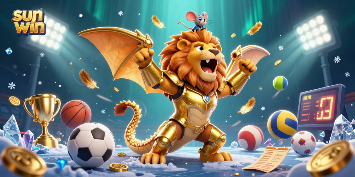 Experience the thrill of sun win with a vibrant 3D scene featuring dynamic sports elements and a magical chimera.