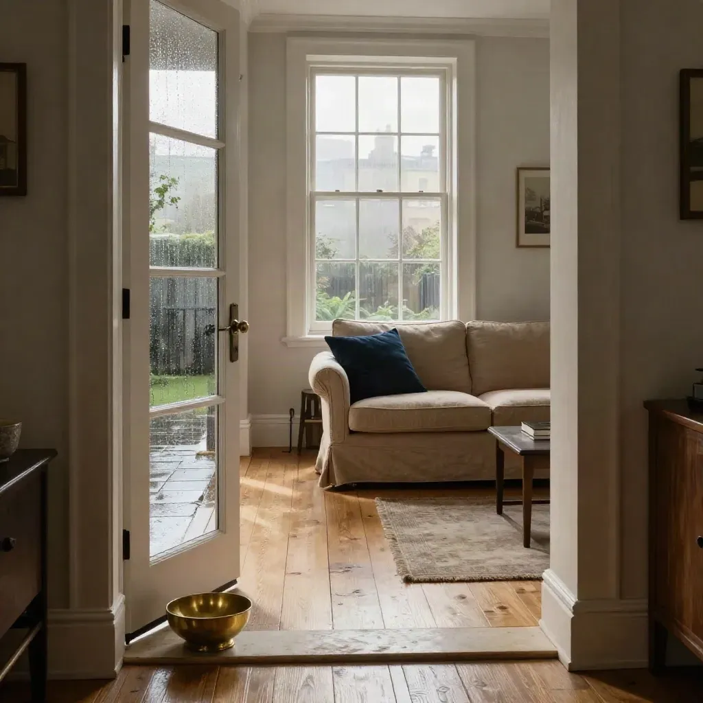 Moody Bristol terrace flat interior with open door, key bowl, oak floor and rain-dark courtyard.