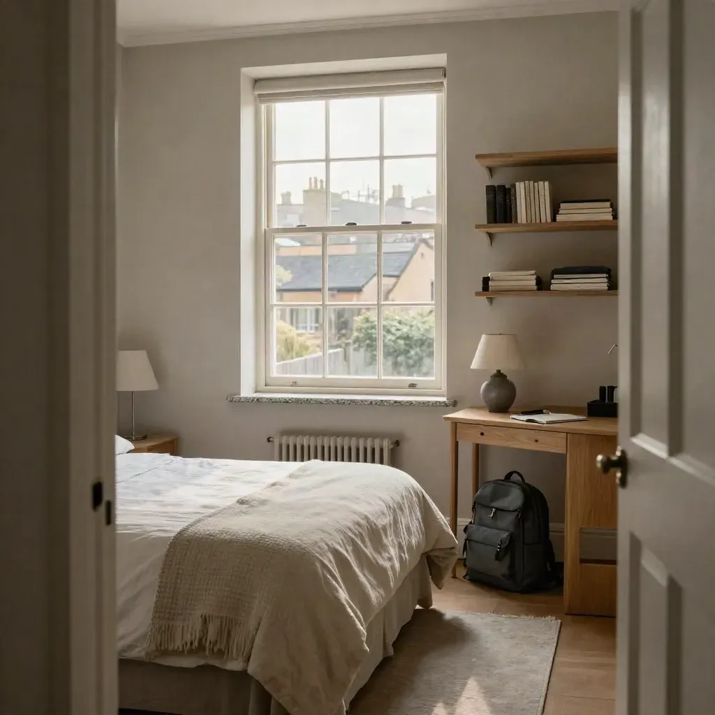Compact Bristol student bedroom with made bed, desk, backpack and shelves, seen through the doorway.