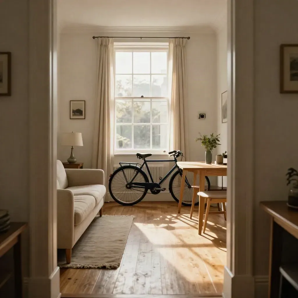 Bright Bristol flat interior with sofa, dining nook, bicycle, and sunlit curtains