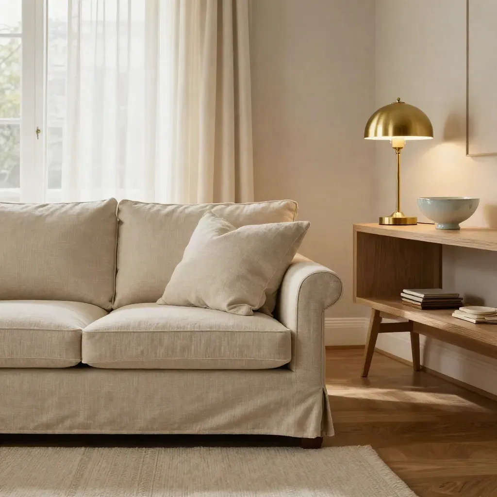 Staged rental living room with curtains, sofa cushions, lamp and key bowl