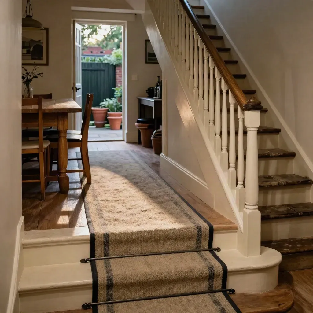 Warm Bristol terrace hall with painted stair, wool runner, oak table and garden light
