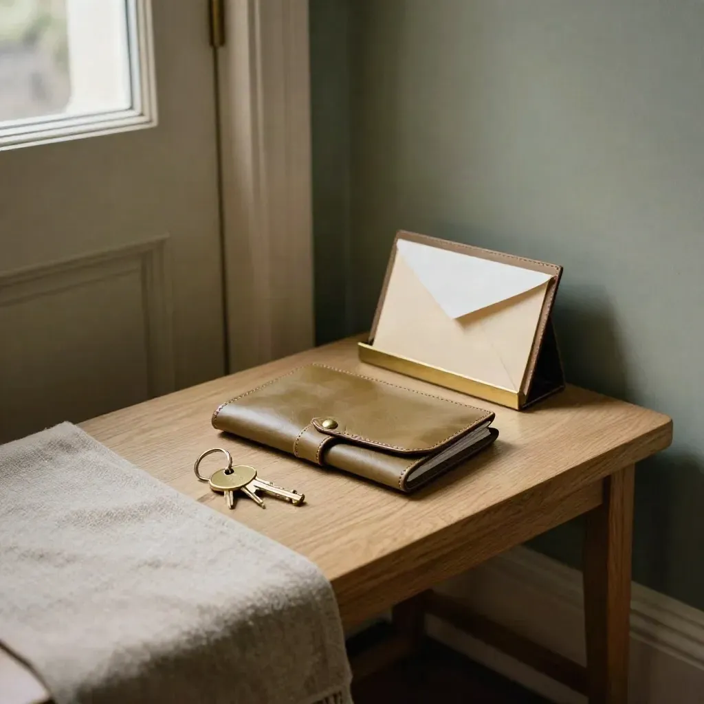 Quiet rental hall with a document wallet, brass keys, and sealed tray by the front door.