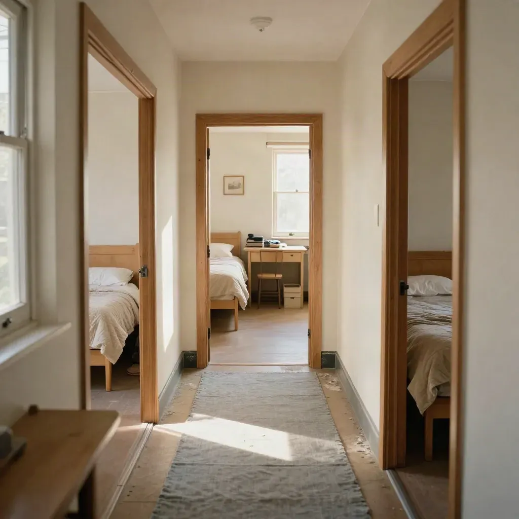 Open Redland student house corridor with made bedrooms and storage boxes, lit by late-summer window light.