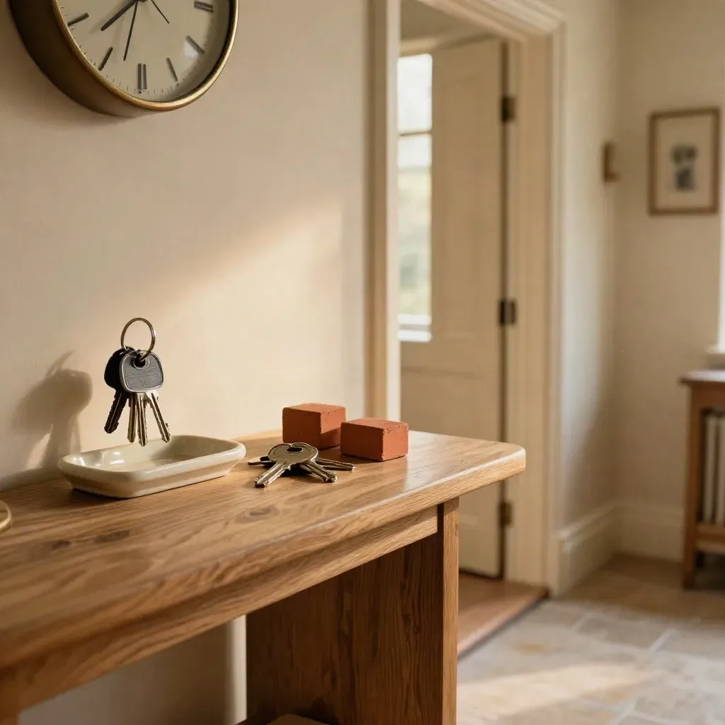Keys, clock, and appointment markers on a hall console by a doorway.