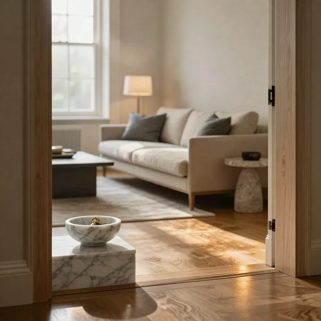 Empty Clifton flat living room with sash windows, sofa, lamp and key bowl on marble.