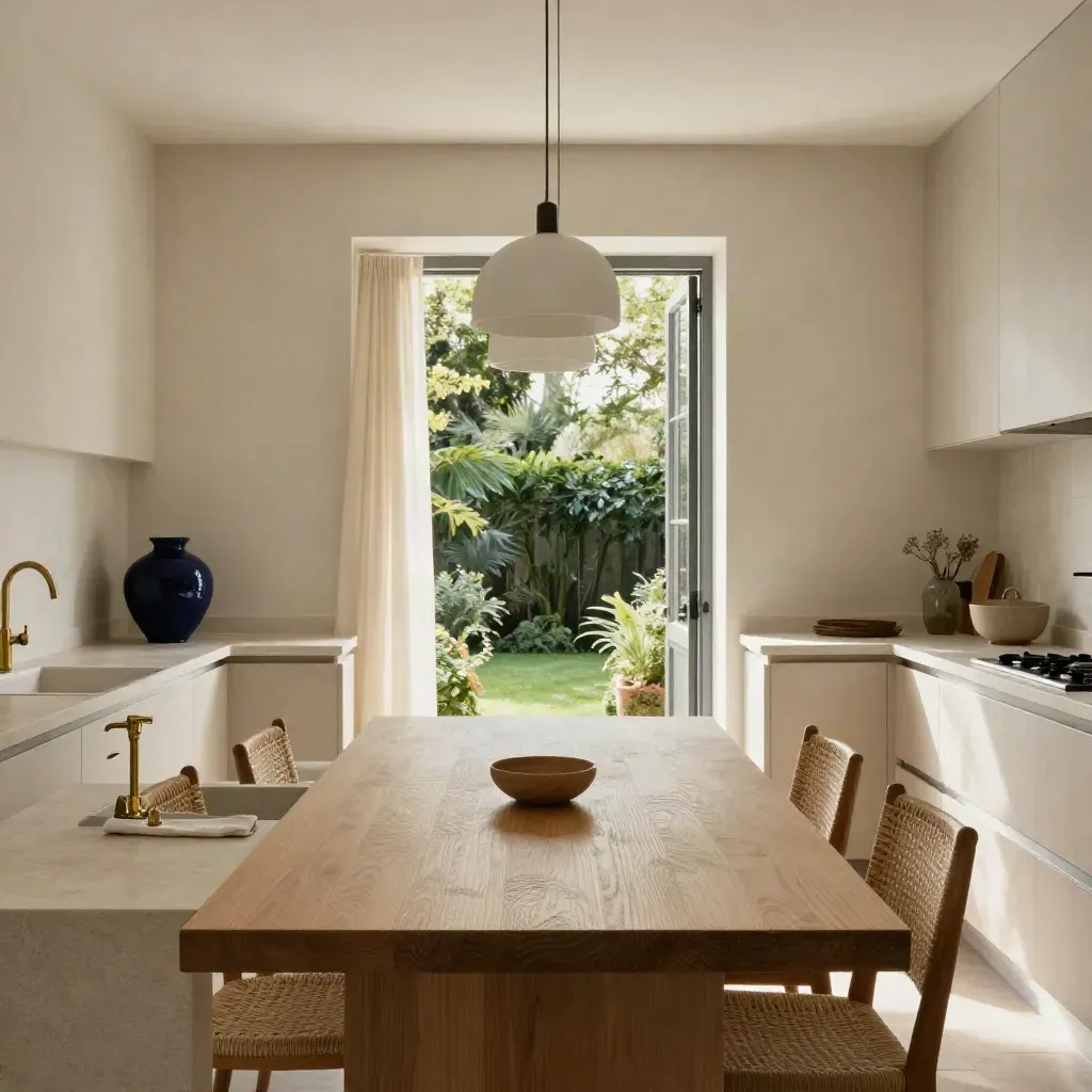 Moody Southville kitchen-diner staged for listing, open garden door and navy accent vase.
