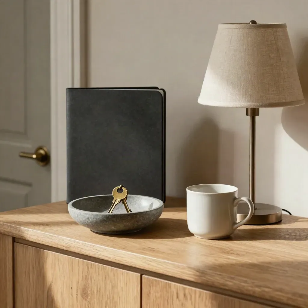 Entry console with keys settling in a dish, closed folder, mug, and lamp in soft daylight.