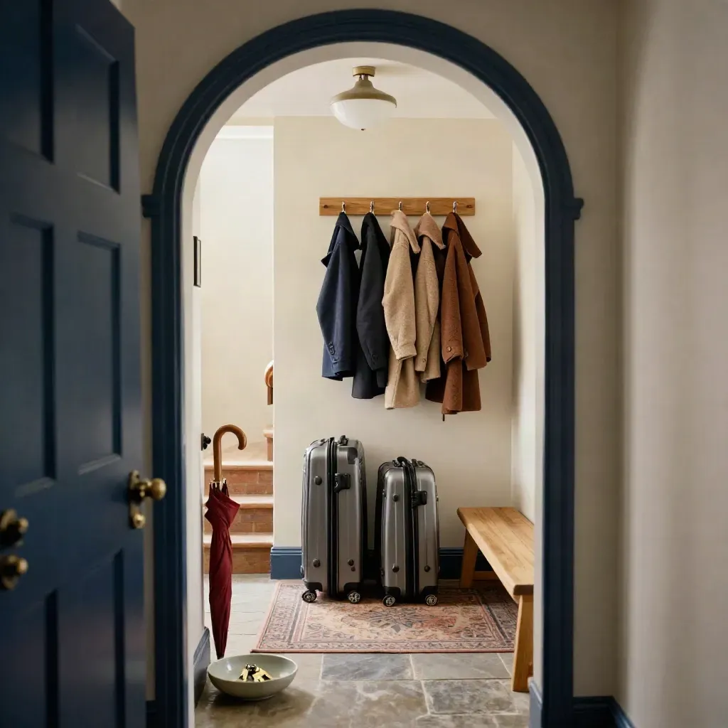 Hallway with suitcases, hanging coats, and keys ready by the door