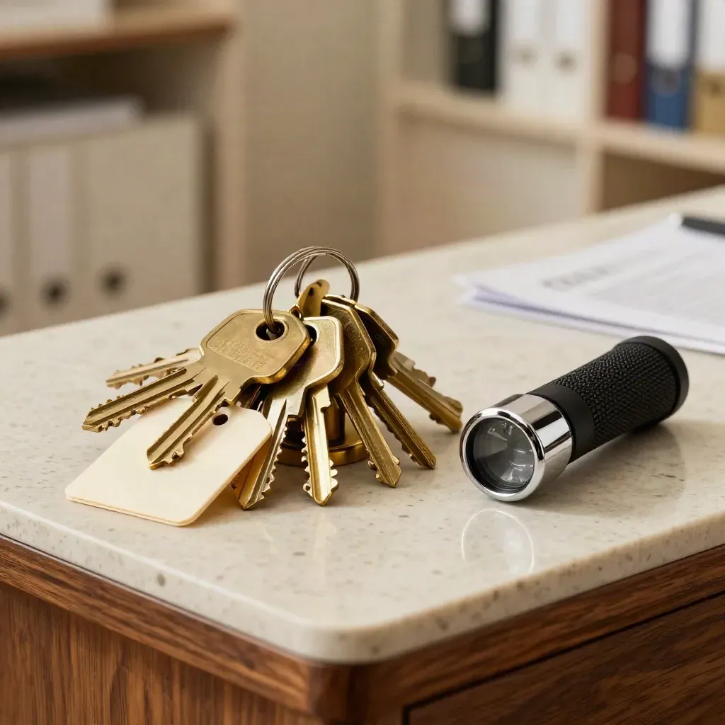 Brass key rack, face-down tags and inspection torch on a travertine lettings counter.