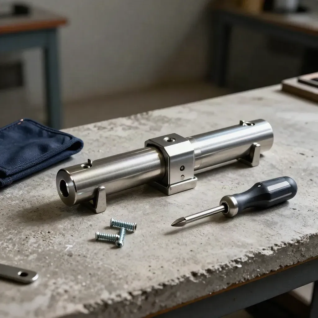 Brushed steel door cylinder, spare latch and toolkit on concrete, lit dramatically.