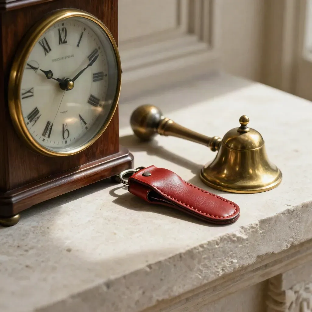 Vintage hall clock, red leather key fob and brass bell push on pale stone, side-profile close-up.