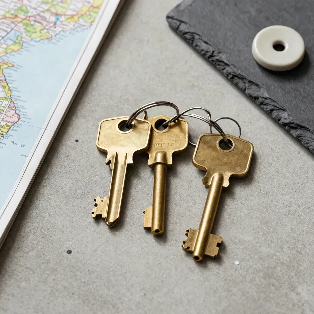 Brass keys fanned beside a folded map, slate tray and ceramic token on concrete.