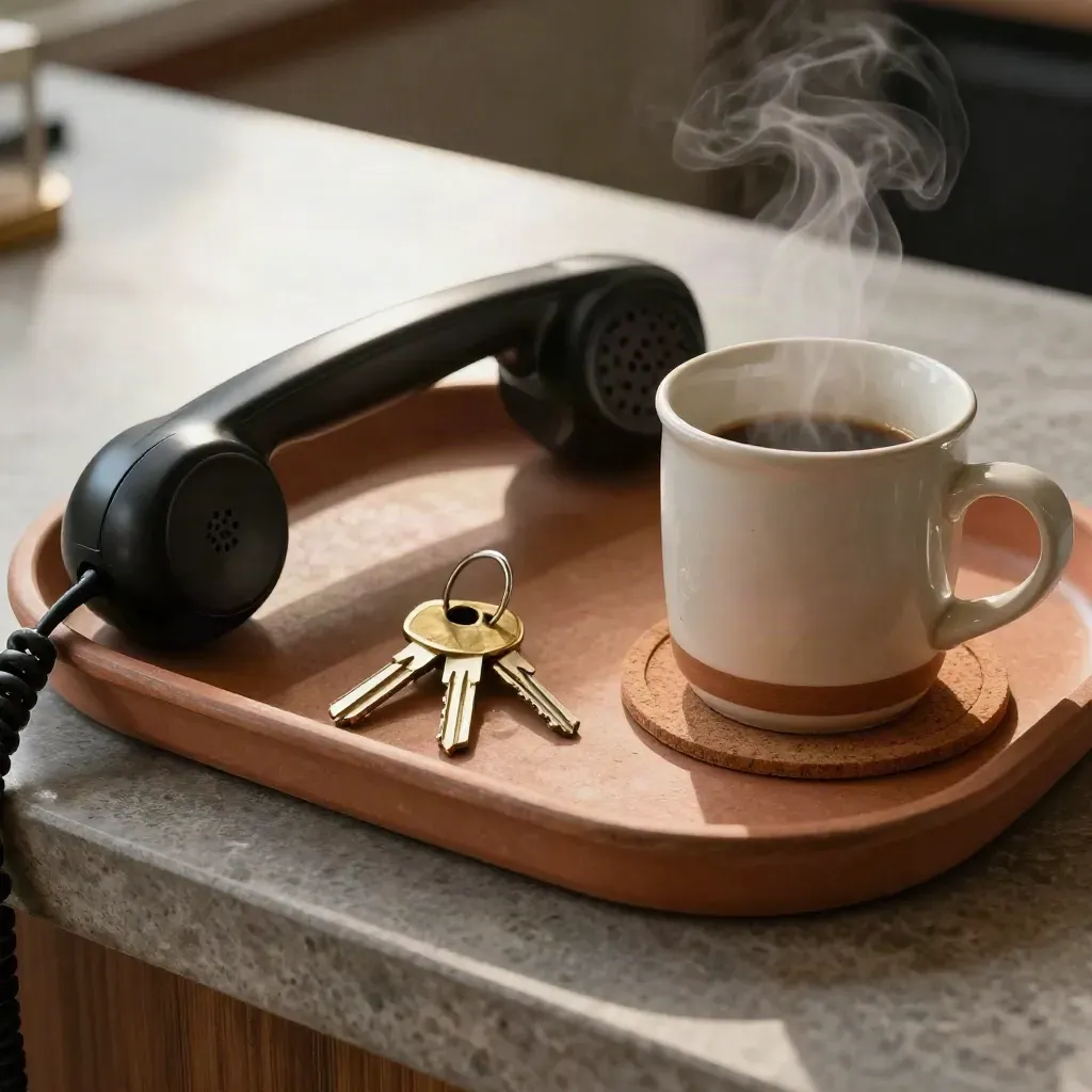 Handset, keys, and steaming mug in a terracotta tray on stone.