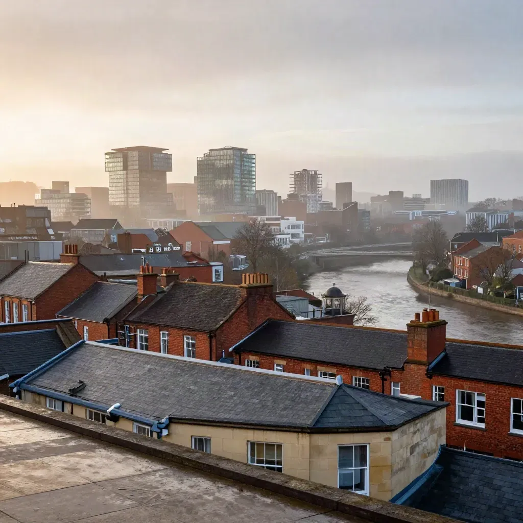 Misty Bristol city skyline over Temple Meads and the Avon at sunrise
