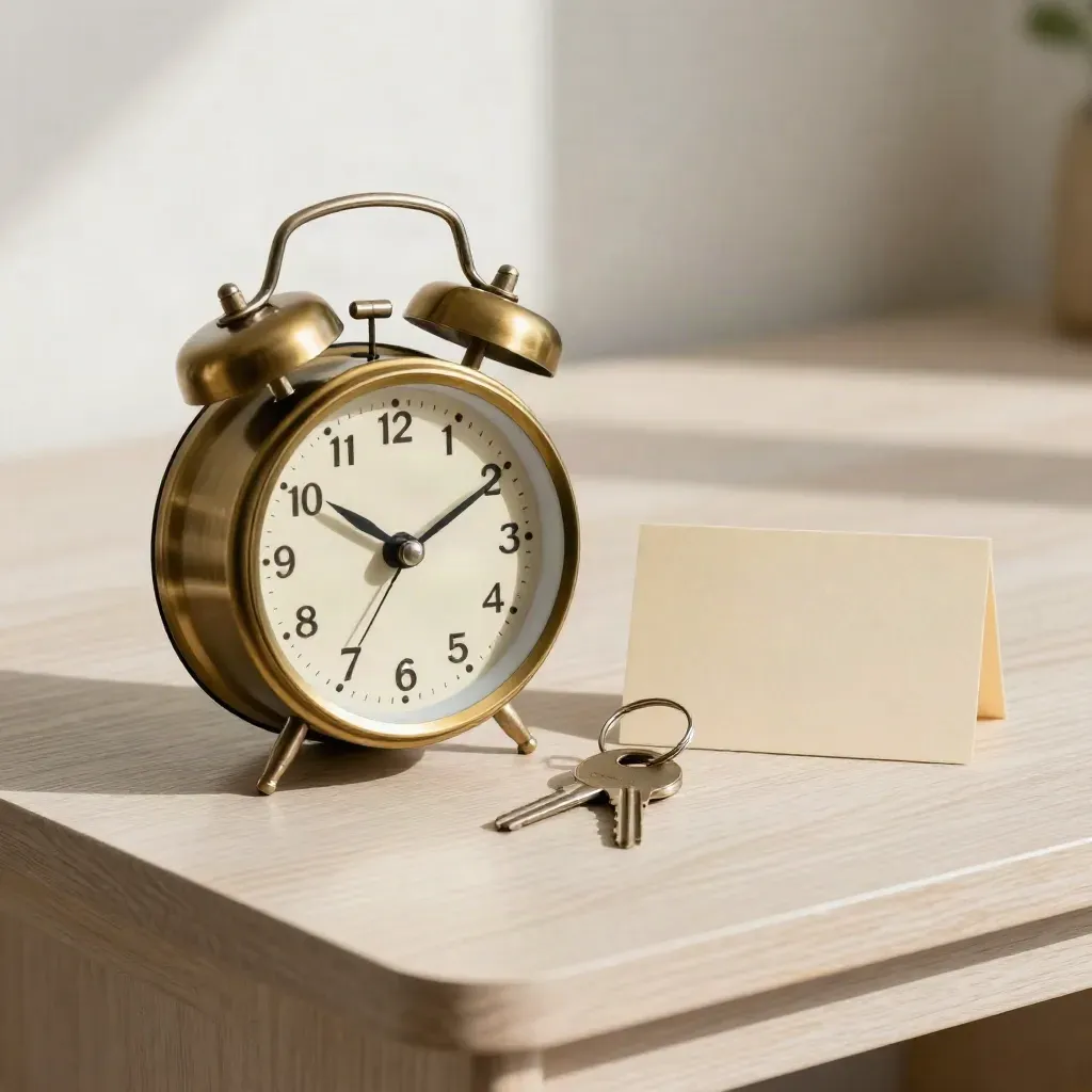 Brass alarm clock, key ring, and card holder on pale wood in soft daylight.