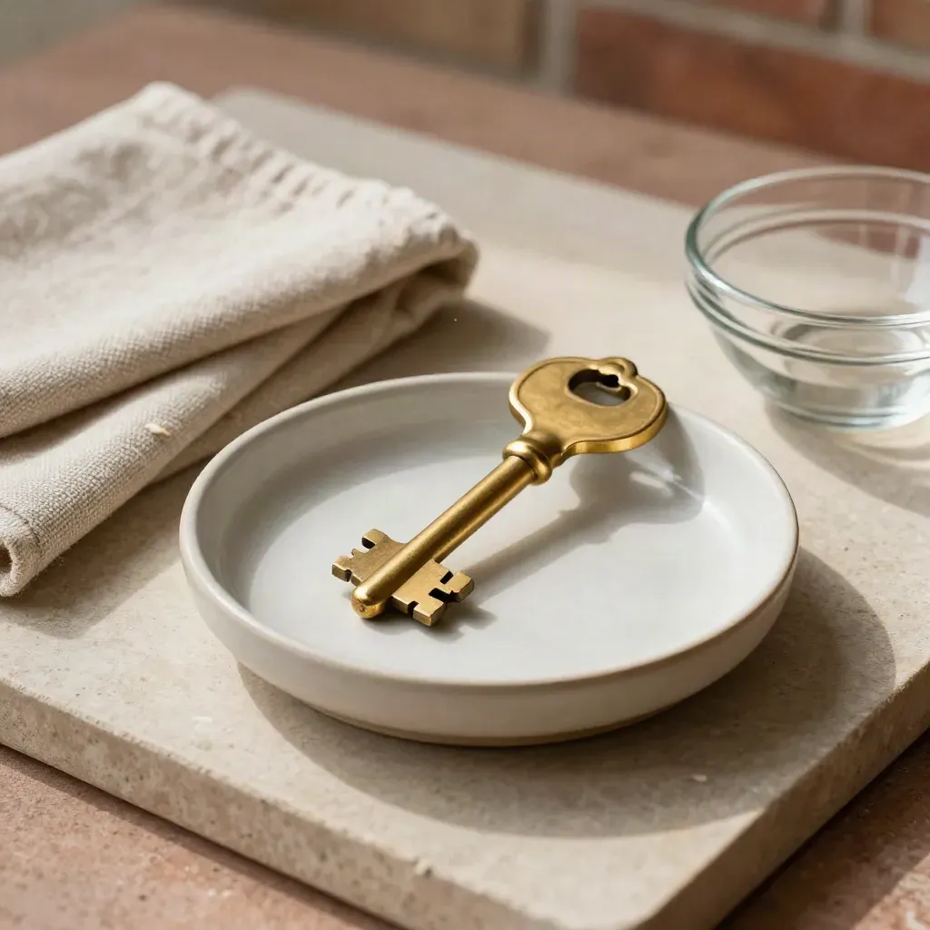 Brass key in ceramic dish with linen cloth and glass bowl on warm plaster