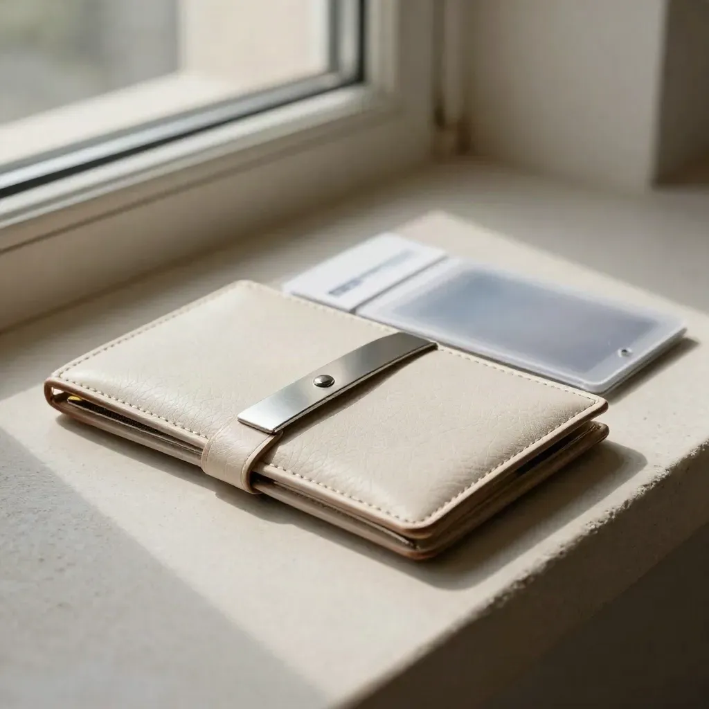 Document wallet, card sleeve and metal clip on a stone sill in soft daylight