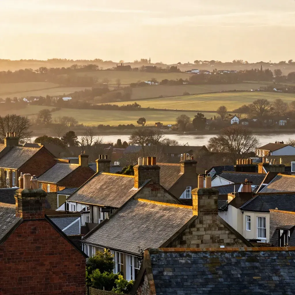 South Bristol rooftops glowing above misty olive fields at sunset