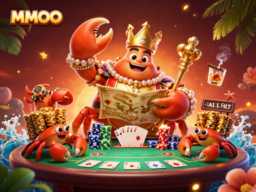 Explore the vibrant MMOO casino scene with a golden crab emperor and poker elements.