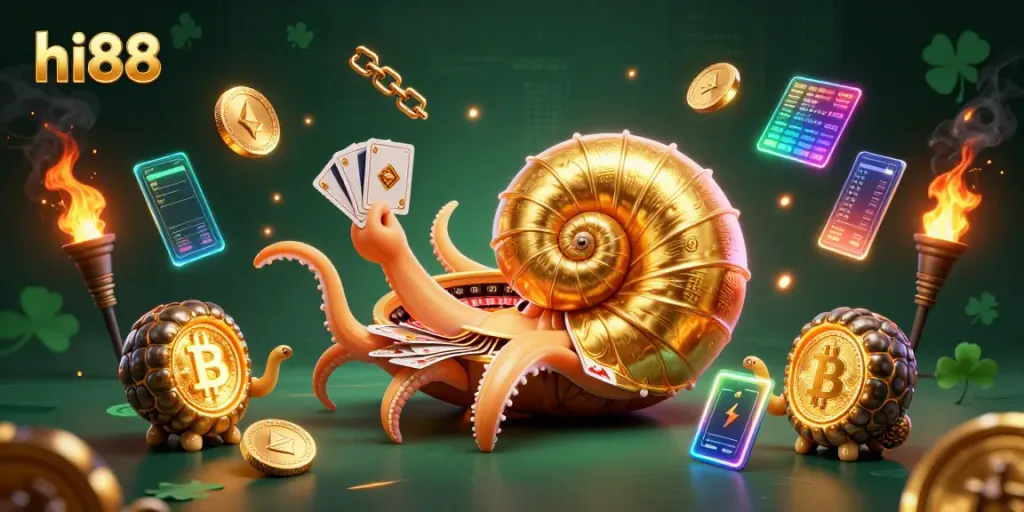 Experience vibrant casino excitement with hi88 as a giant nautilus interacts with cards and crypto elements.