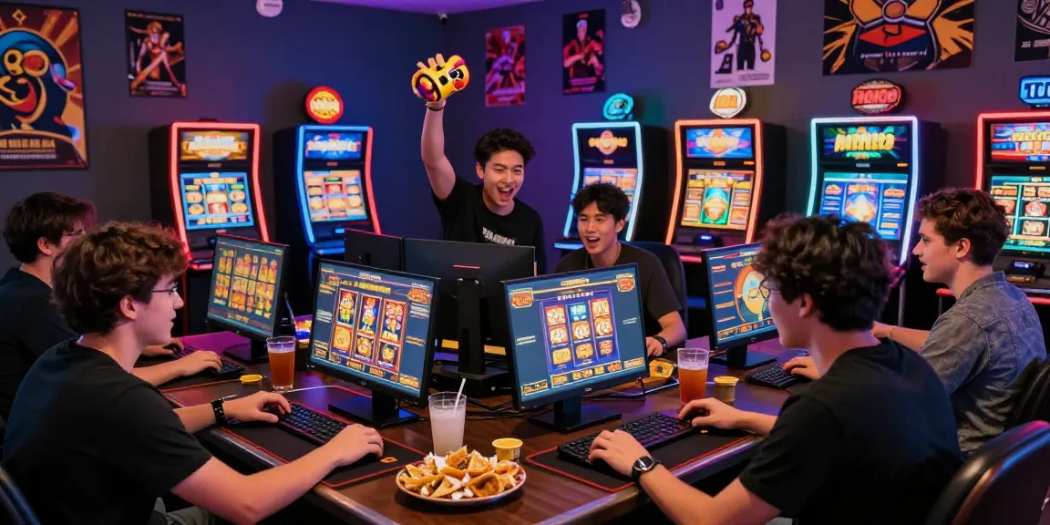 Excited friends strategizing while playing rokok88 slot games in a vibrant gaming environment with LED lights and snacks.