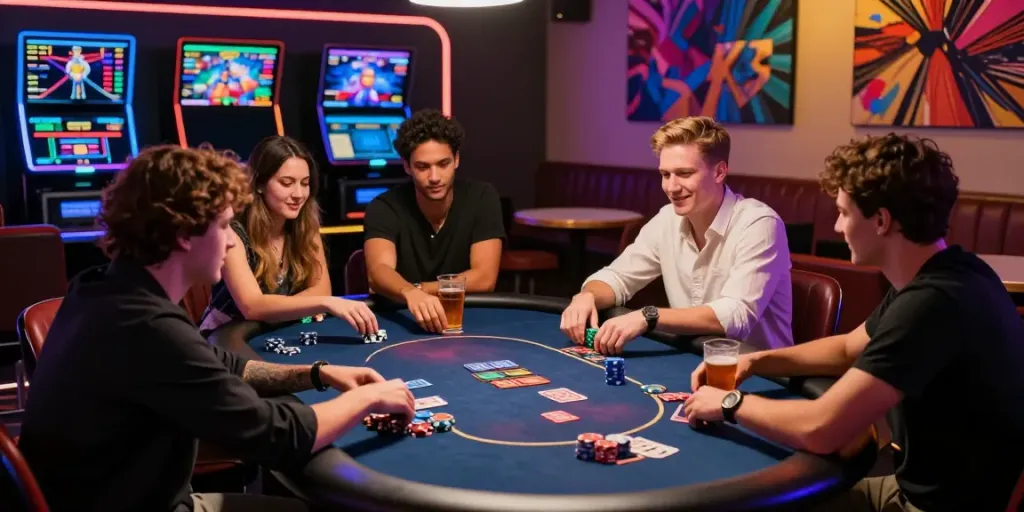 Social gaming scene at http://11bet-app.net/ poker table with friends enjoying interaction.