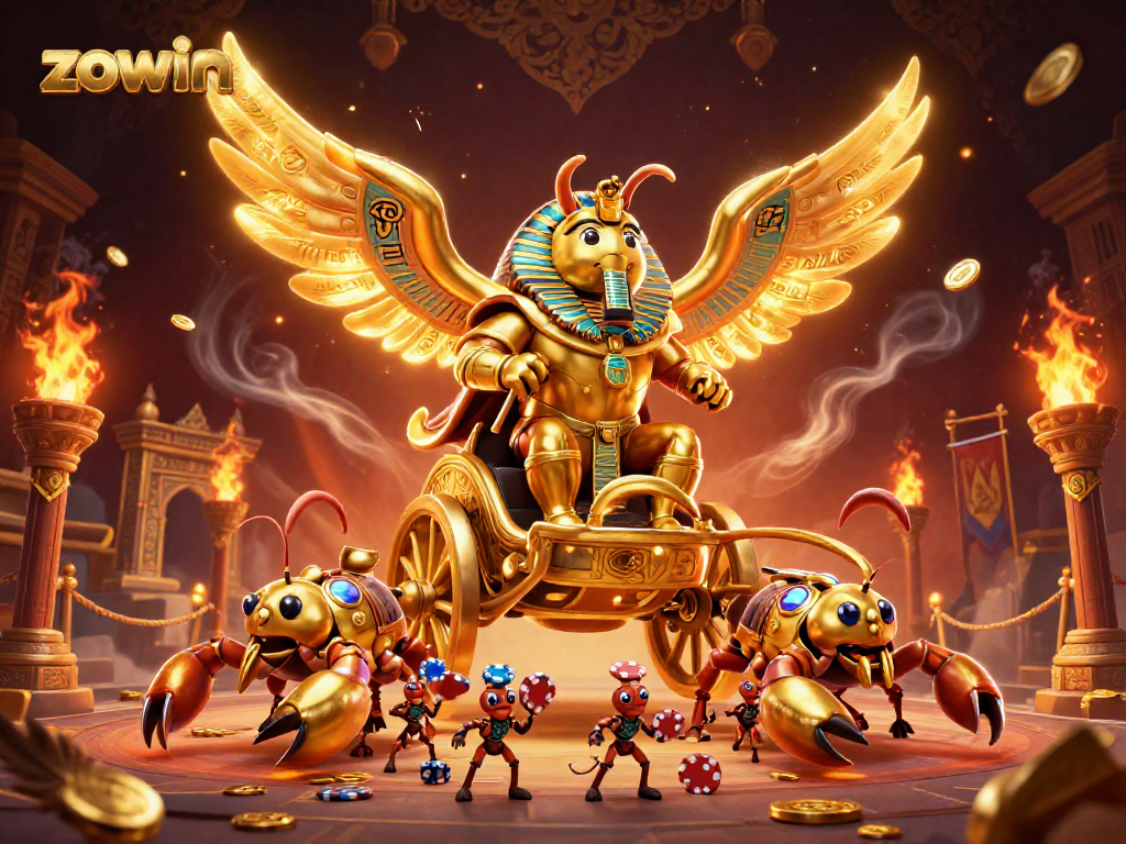 Zowin invites players to engage in thrilling casino games, featuring a magical scarab beetle and dynamic elements.