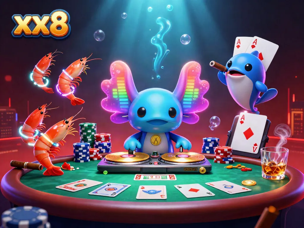 Dive into the vibrant xx8 casino scene where a neon axolotl DJ spins beats alongside shrimp dancers and a hype blowfish.