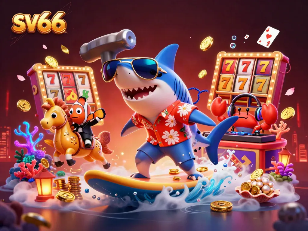 sv66 casino illustration with a dancing shark and colorful gambling elements, engaging players' excitement.