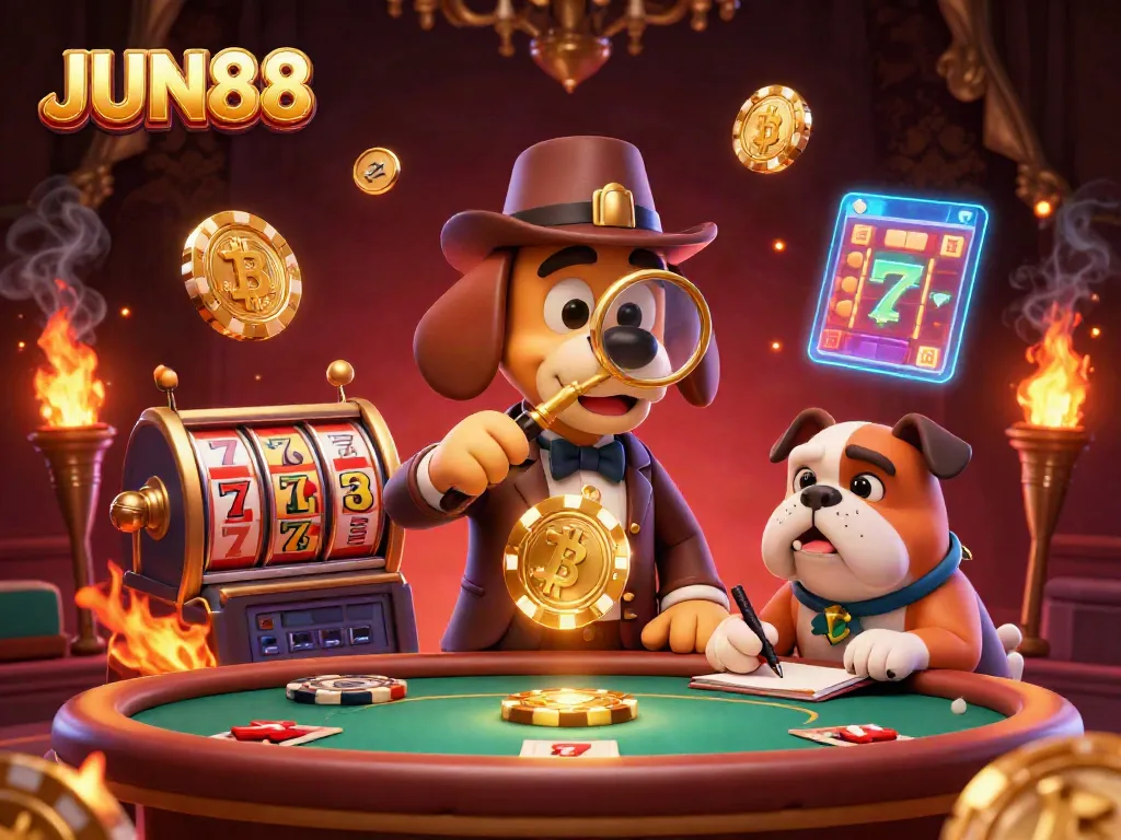 Join the JUN88 detective duo as they uncover hidden treasures among vibrant gaming elements in this fun-themed illustration.