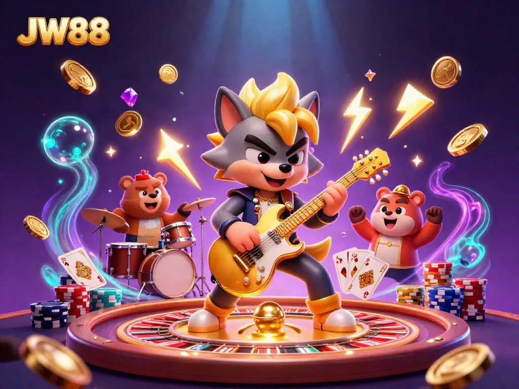 Experience thrilling action with JW88 as a cartoon wolf rock star performs on a vibrant casino stage.