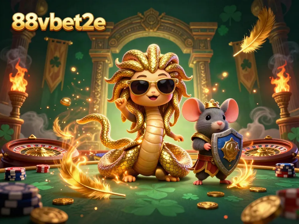 88vbet2e showcases an engaging 3D illustration of Medusa and a warrior mouse in a vibrant casino setting.
