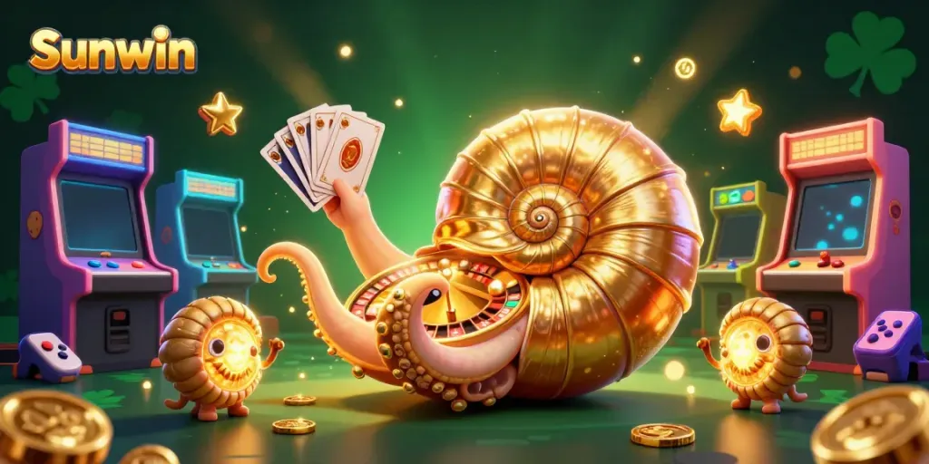 Engage in thrilling gameplay with Sunwin, featuring a giant nautilus roulette character and vibrant gaming elements.